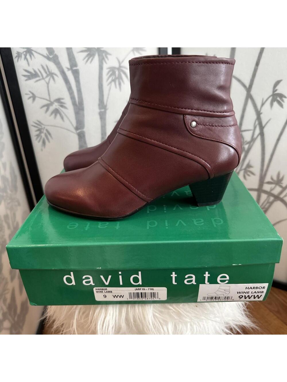 David Tate Harbor Wine Lambskin, Women’s Ankle Boots, Burgandy 9WW, 2” Heel